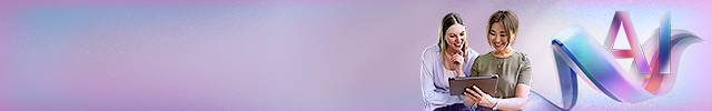 Two people work on a tablet against a gradient background with abstract AI-themed graphics.