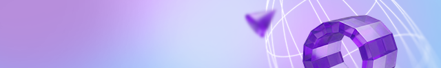 Purple gradient background and geometric shapes.
