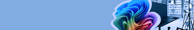 Blue banner with colorful ribbon swirl and laptop on the right.