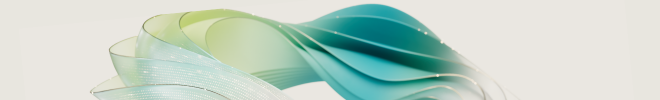 Abstract flowing ribbon graphic in shades of teal, green, and white on a light background.