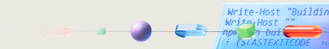 Abstract technology-themed graphic featuring a horizontal line connecting colorful geometric shapes, including a small green cube, a purple sphere, a blue rounded shape, and a green hexagonal shape. 