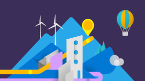 Gunung animasi biru dengan latar belakang ungu