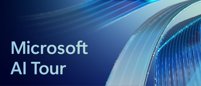 Futuristic abstract lines with blue hues promoting AI Tour.