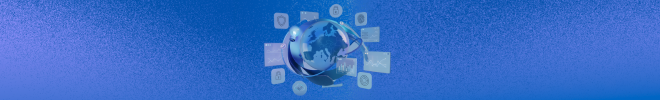 Blue digital globe with floating technology icons on a textured background.