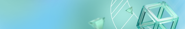 Glass-like geometric shapes on teal background.