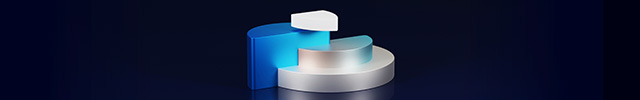 Abstract 3D shapes in blue and white on a dark gradient background.