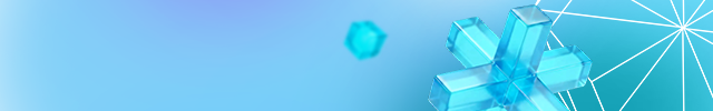 Blue abstract banner with geometric shapes and floating cubes.