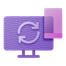Purple monitor with sync arrows and a pink card.